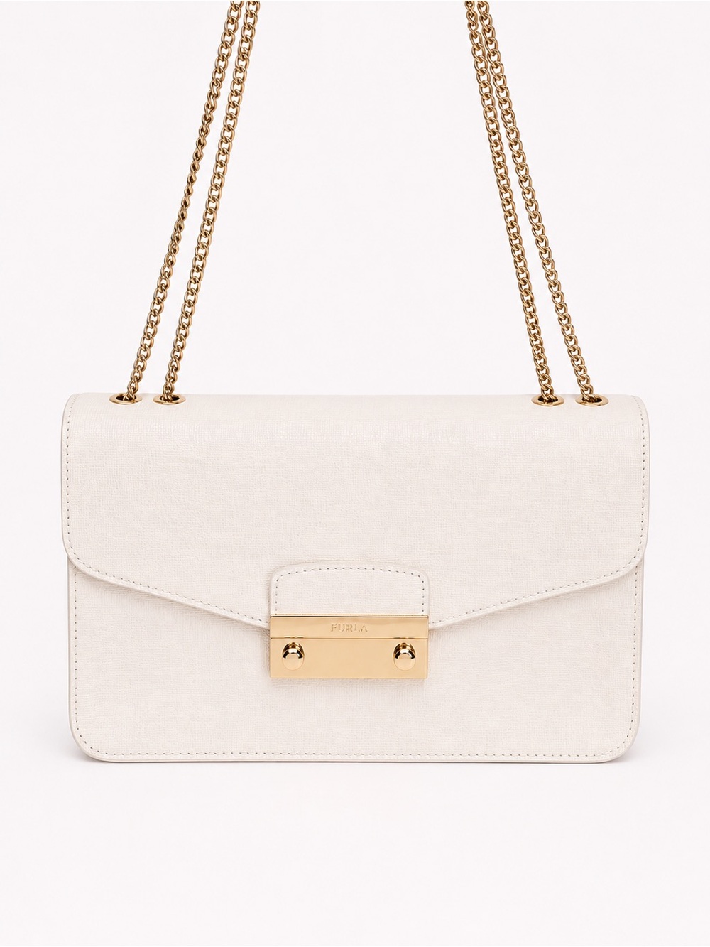 FURLA Petalo White Julia Saffiano Leather Shoulder Bag Chain Strap Gold Clasp
